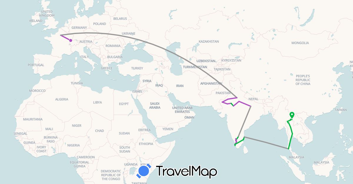 TravelMap itinerary: driving, bus, plane, train in France, India, Thailand (Asia, Europe)